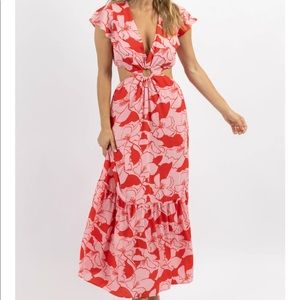 Pink and Red Floral Cutout Dress